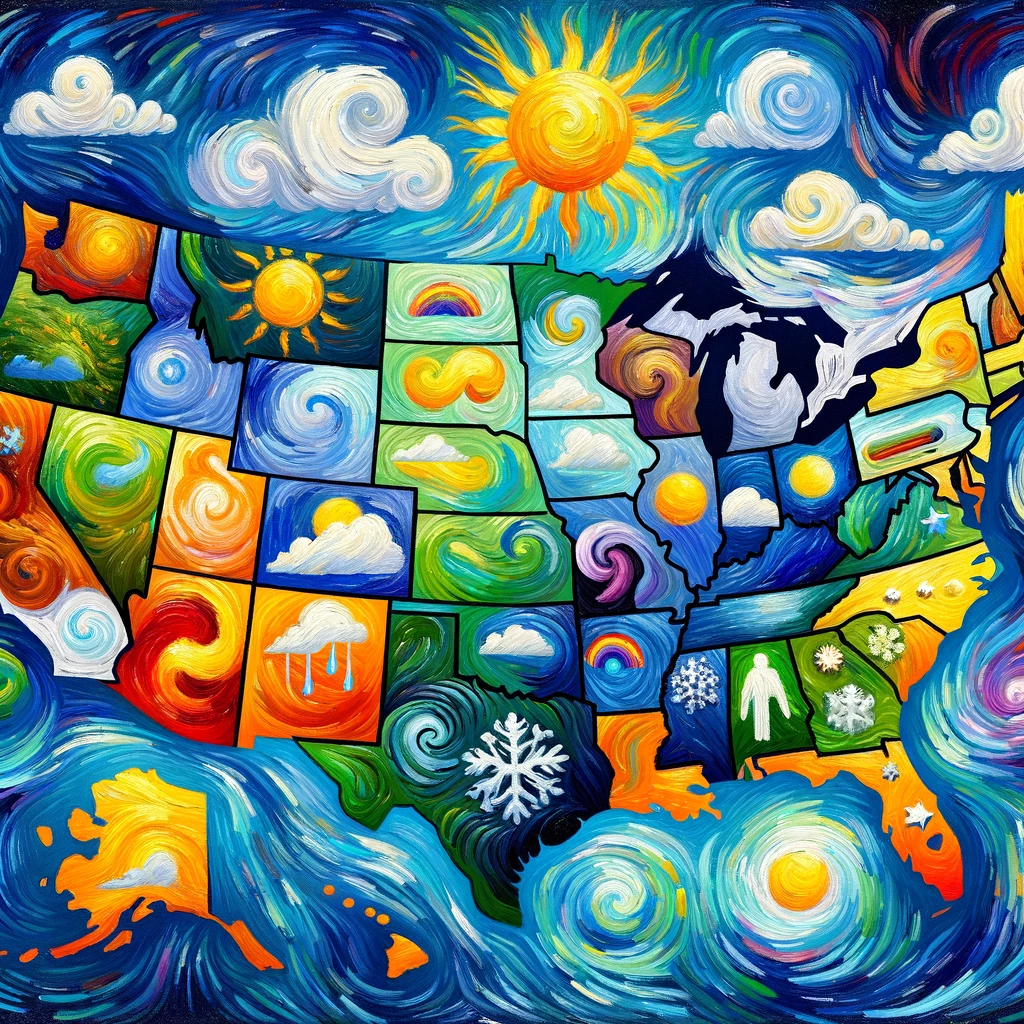 DALL·E 2024-01-12 02.09.01 - A digital painting in the style of Van Gogh, showing a map of the United States with visual representations of the weather forecast for tomorrow. Each